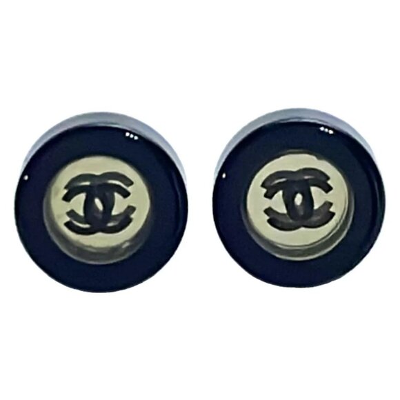 Auth CHANEL Coco - Black Gold Silver Plastic Hardware Earrings - Picture 1 of 3